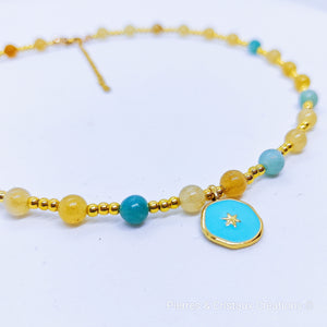 Collier doré ajustable Aventurine jaune et Amazonite