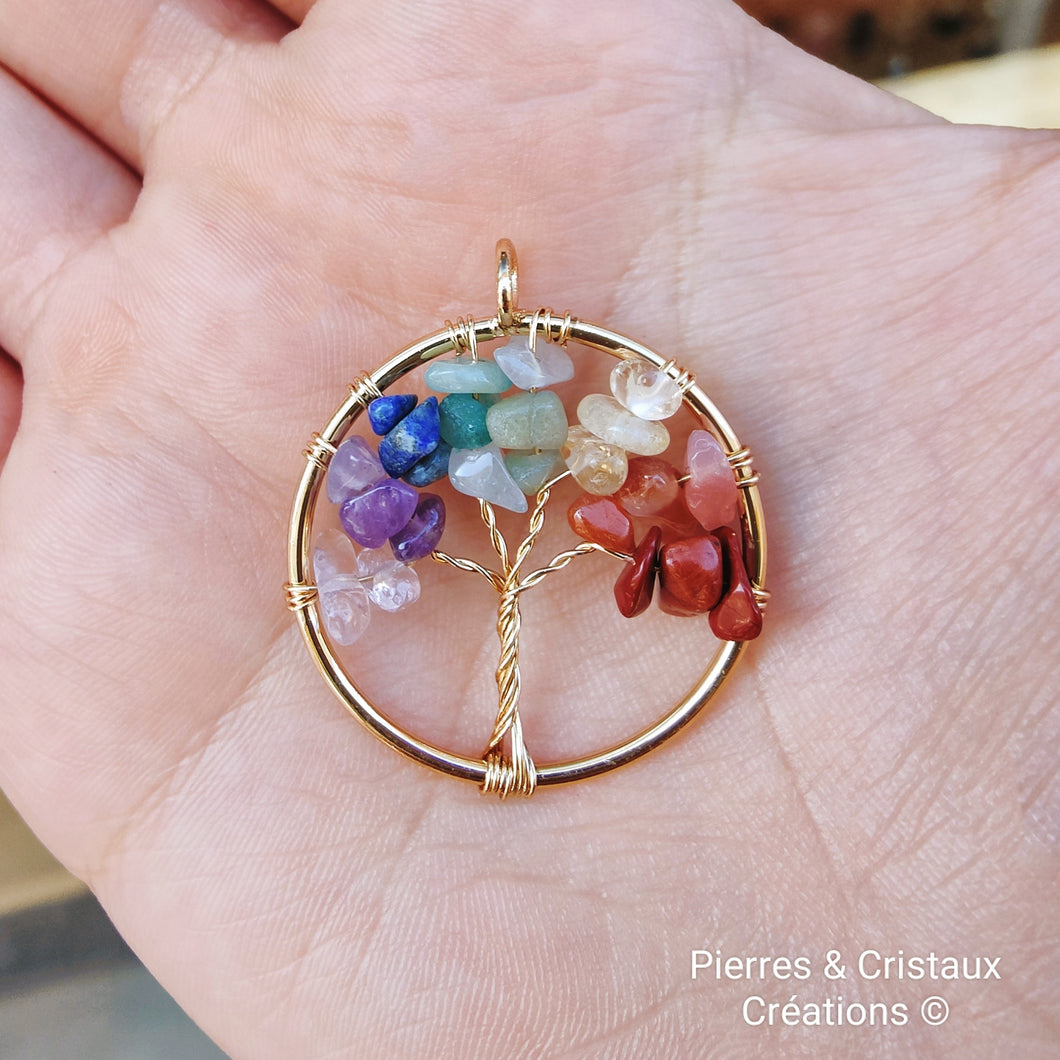 Pendentif Arbre de Vie 7 Chakras doré