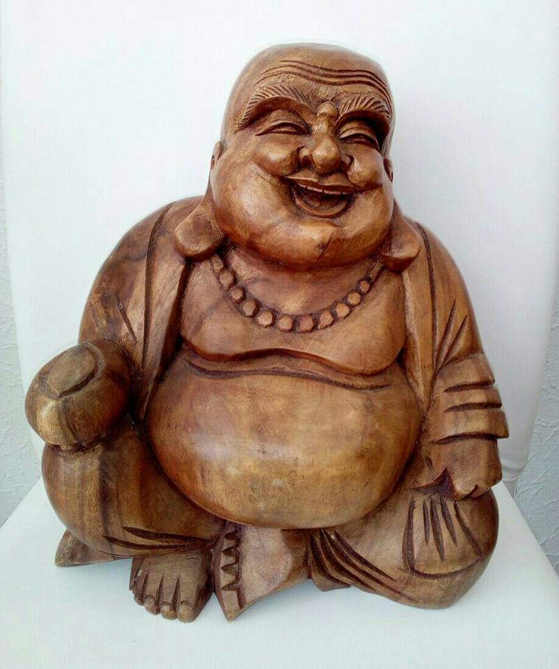 Statue sculpture en bois buddha rieur au lingot 