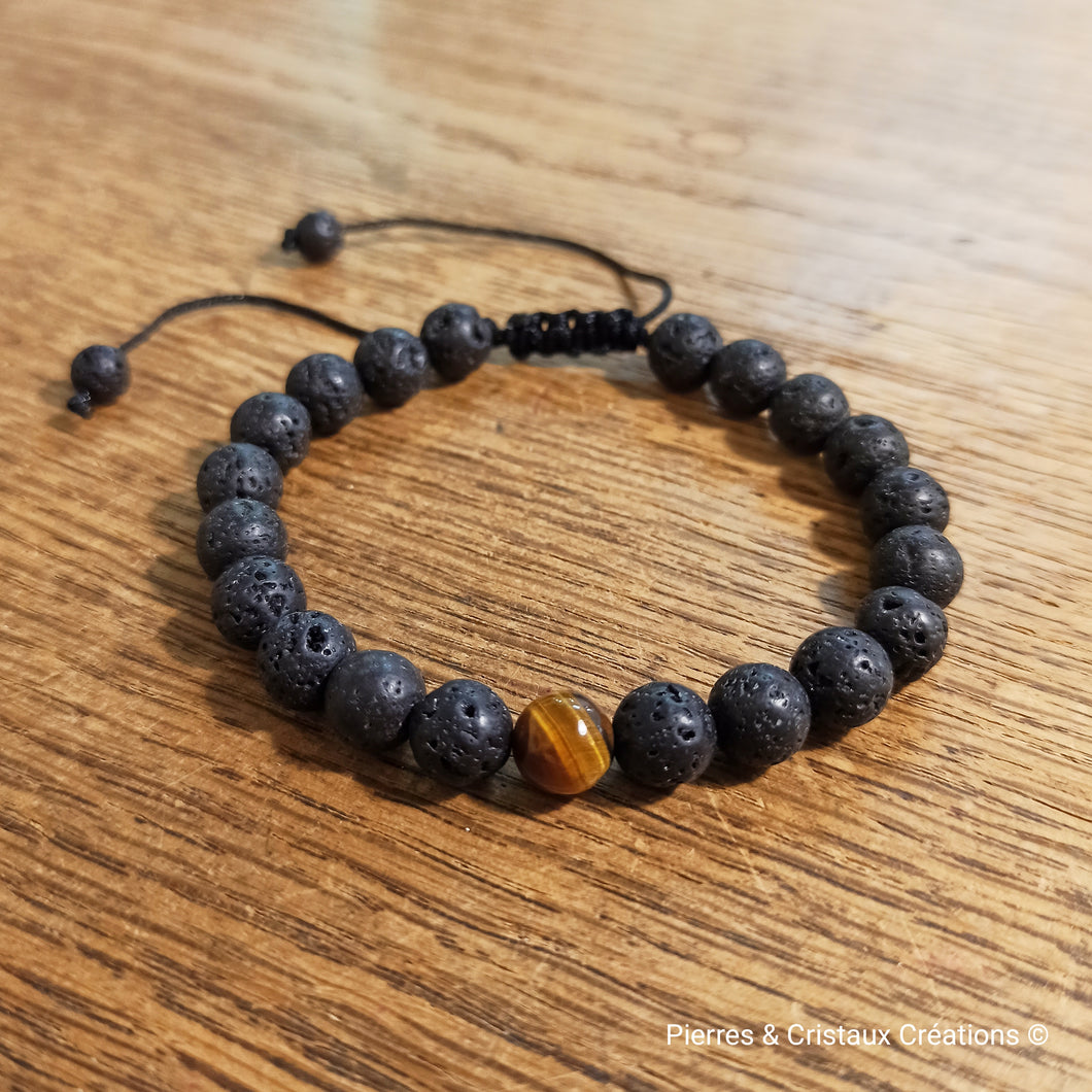 Bracelet réglable en Pierre Volcanique et Œil de tigre