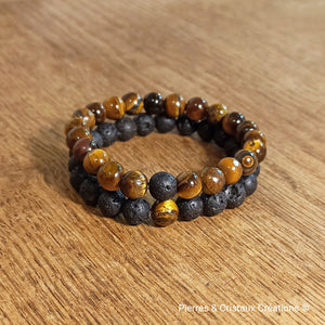Duo de bracelets Œil de tigre et Pierre volcanique