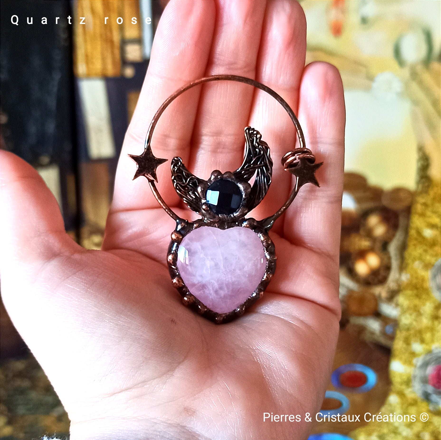 Pendentif Petit Cœur En Quartz Rose - Breloque Acier Inoxydable - Neuf Sans Emballage